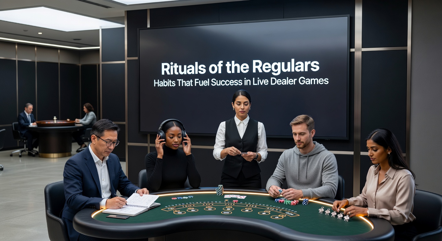 Gruppe von Spielern mit Notizbüchern und Bildschirmen, die Rituale wie Notizen und Pausen demonstrieren, inmitten einer Live-Dealer-Session